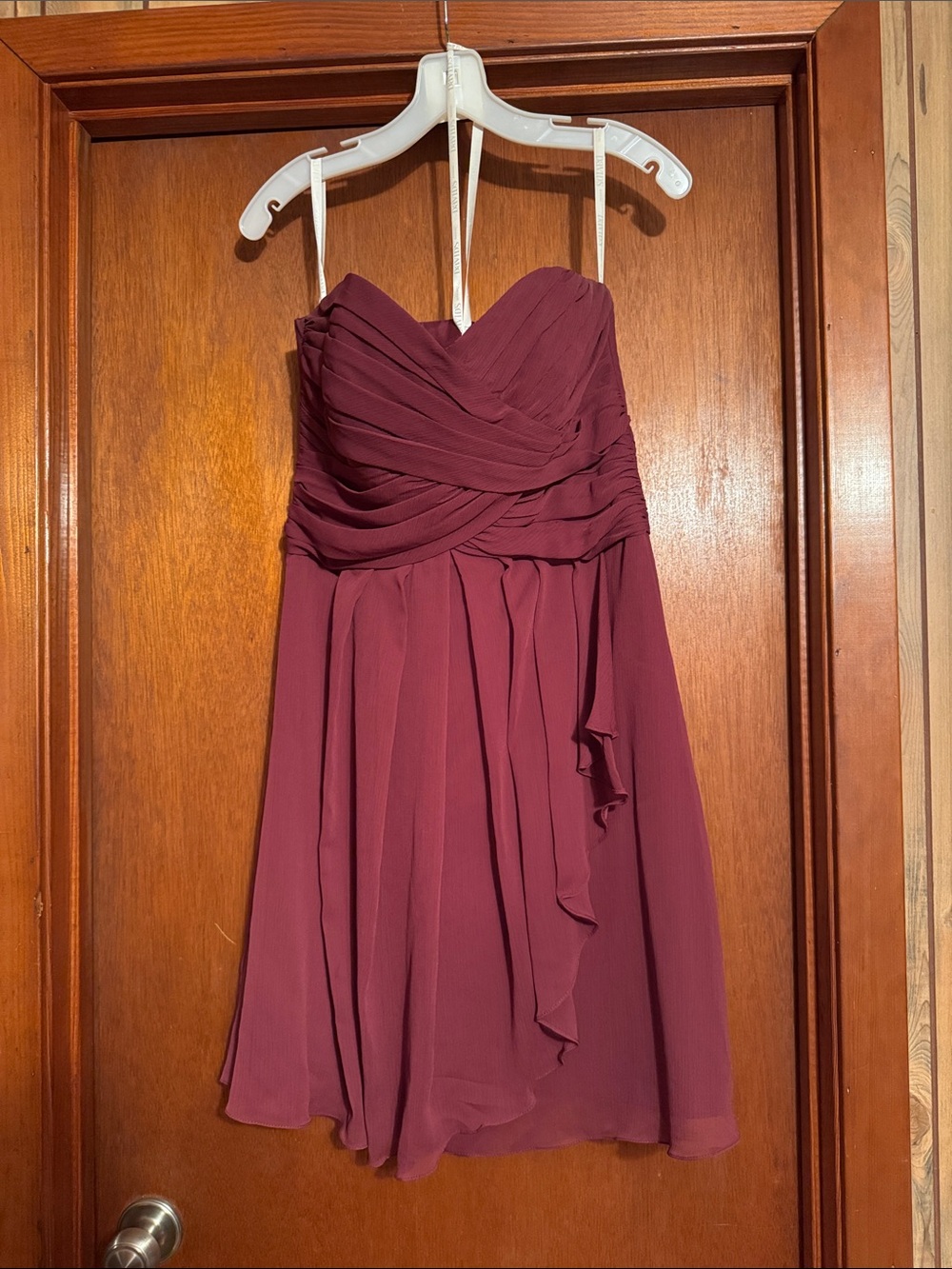 David's Bridal Strapless Chiffon Dress in Wine
